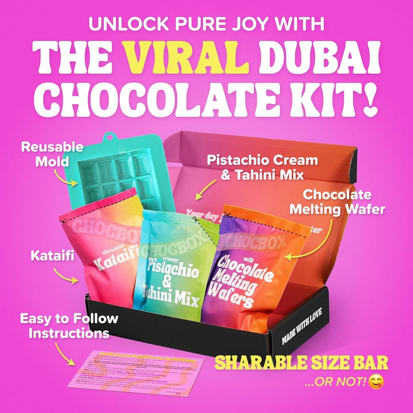 Chocabox Viral Dubai Milk Chocolate Bar Kit - Includes Chocolate Mold, Choc Wafers, Shredded Kataifi, Pistachio Cream - DIY Gift Box Dubai Kit - Great Gift