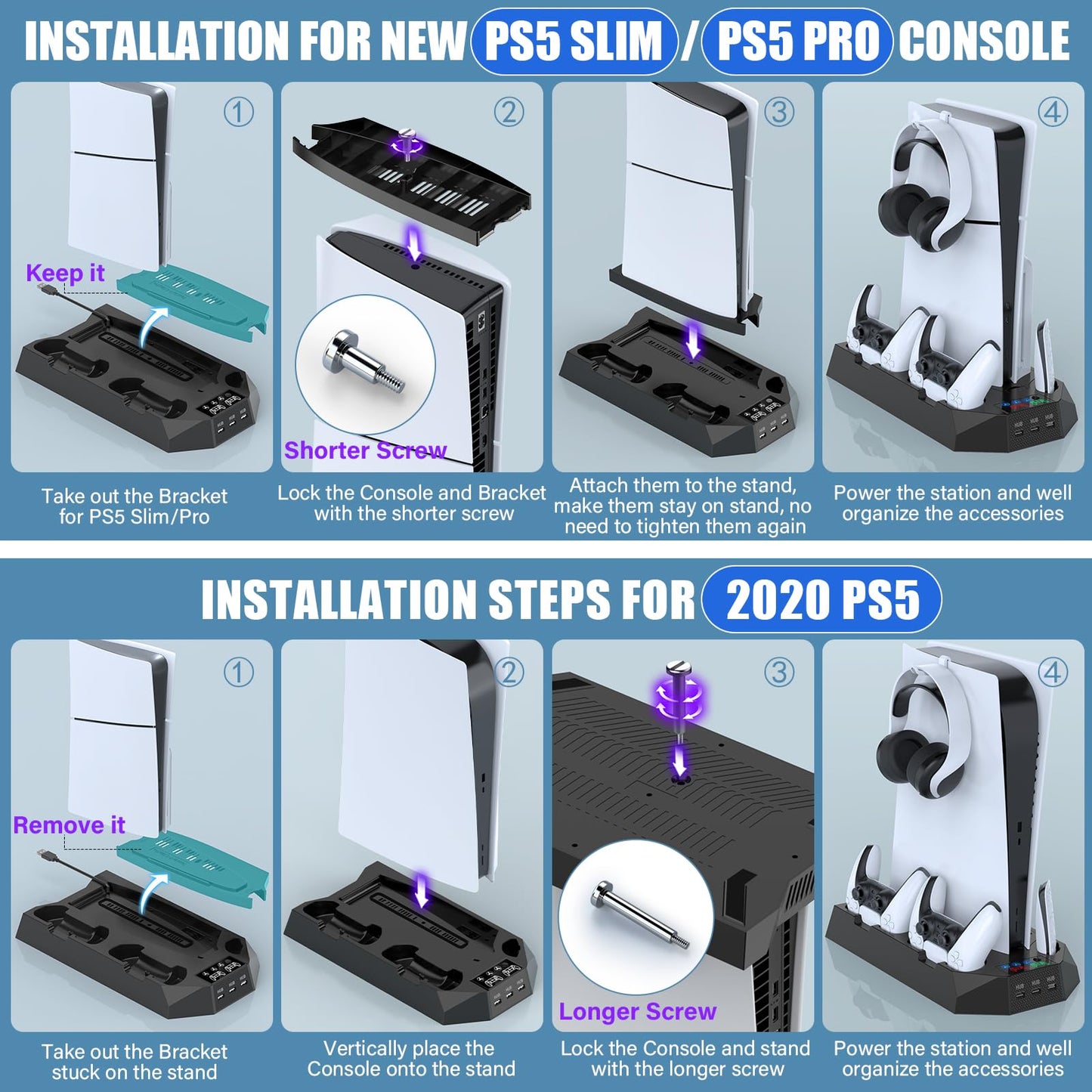 PS5 Pro Stand and Cooling Station with Dual Controller Charging Station for PS5 Console, PS5 Accessories Incl. Controller Charger, Cooling Fan, Headset Holder, 3 USB Hub, White