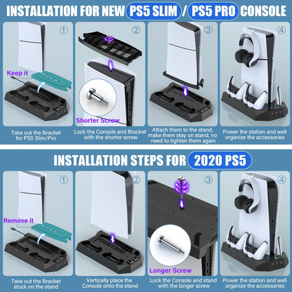 PS5 Pro Stand and Cooling Station with Dual Controller Charging Station for PS5 Console, PS5 Accessories Incl. Controller Charger, Cooling Fan, Headset Holder, 3 USB Hub, White