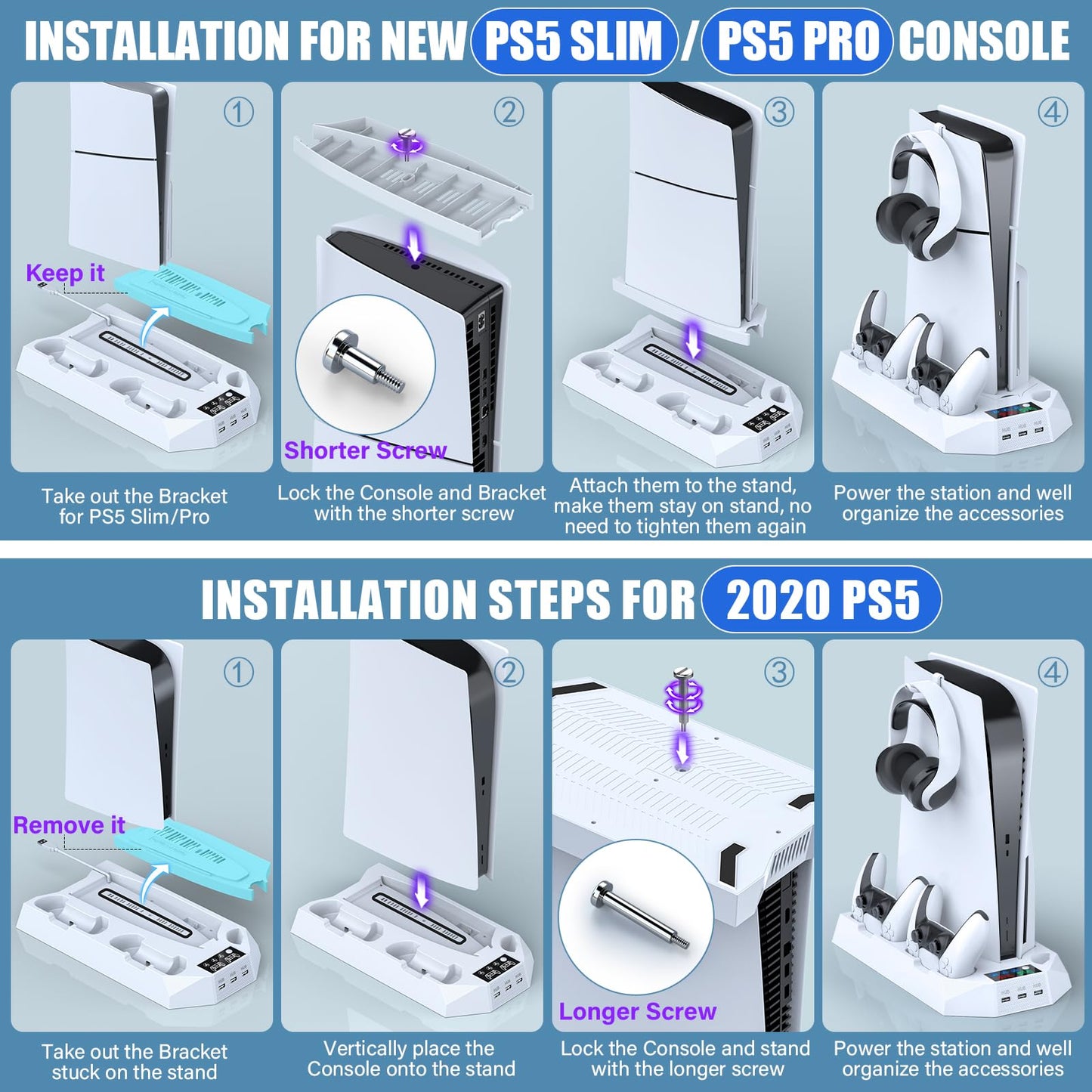 PS5 Pro Stand and Cooling Station with Dual Controller Charging Station for PS5 Console, PS5 Accessories Incl. Controller Charger, Cooling Fan, Headset Holder, 3 USB Hub, White